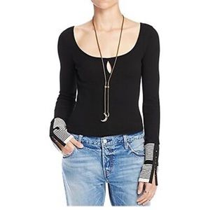 Free people Women’s Boat Neck long Sleeve Mod Stripe Cuff Top Blac Medium